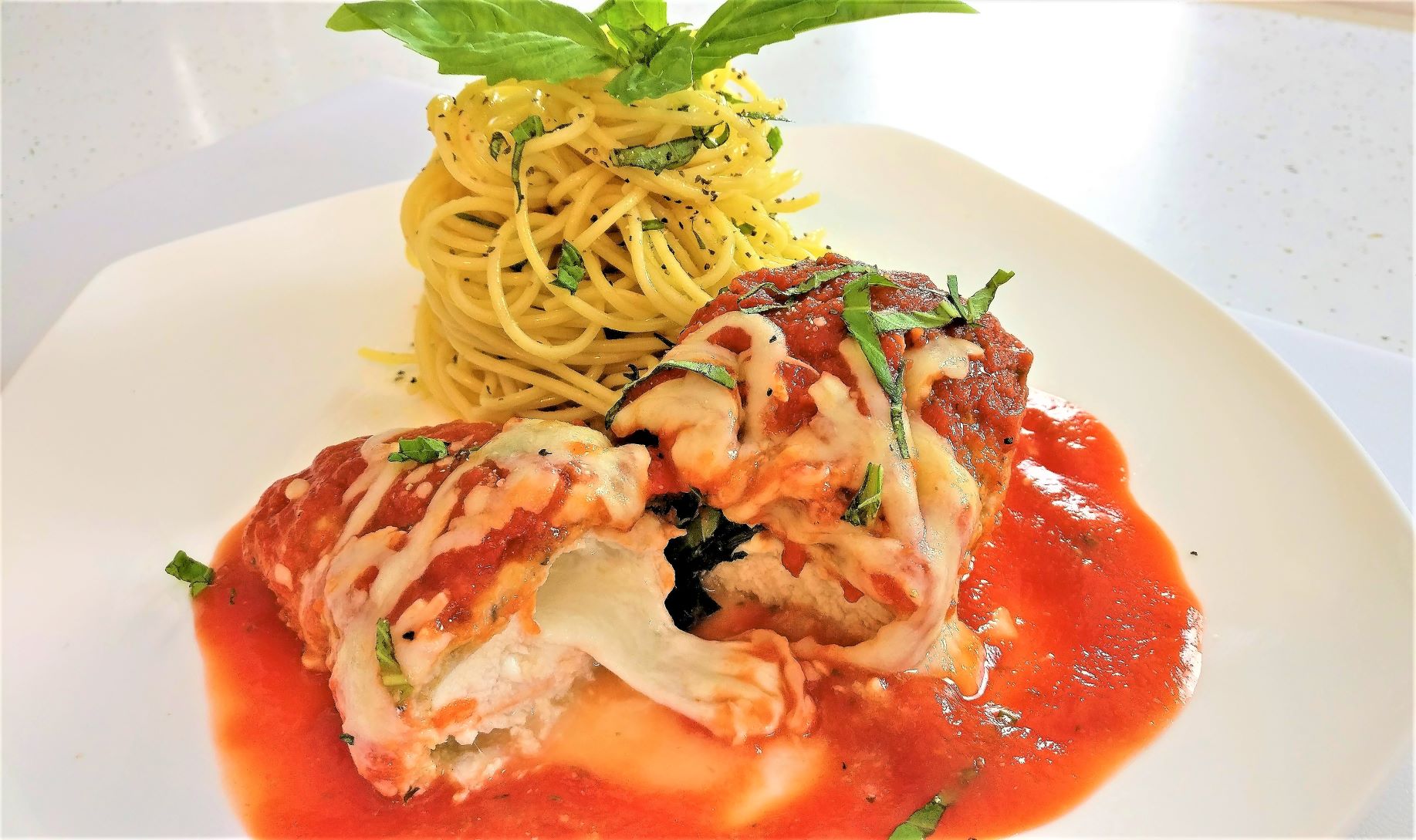 Cheese and Basil Stuffed Chicken Parmigiana